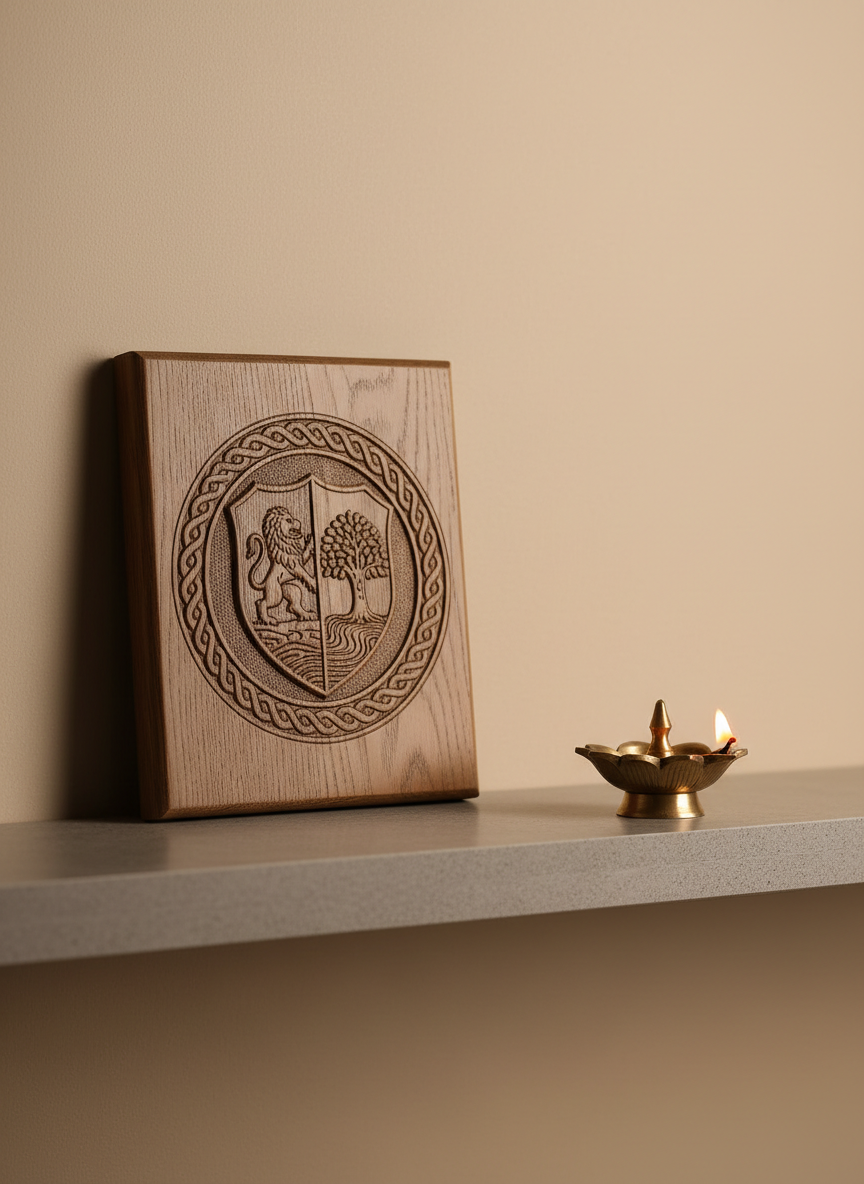 An intricately carved wooden plaque featuring the Bindal family crest in low-relief, resting on a minimalist matte-stone shelf alongside a single, small brass diya. The surface displays elegant, muted earth tones and finely polished textures. Soft, even lighting from the left creates understated shadows and subtle highlights across the wood’s grain and engraved details. The calm, harmonious mood is enhanced by an uncluttered background of soft, neutral colors. The composition follows the rule of thirds, shot at eye-level to emphasize refined craftsmanship. The image style is photographic with elegant, minimalist details, offering a sophisticated tribute to family legacy and tradition.