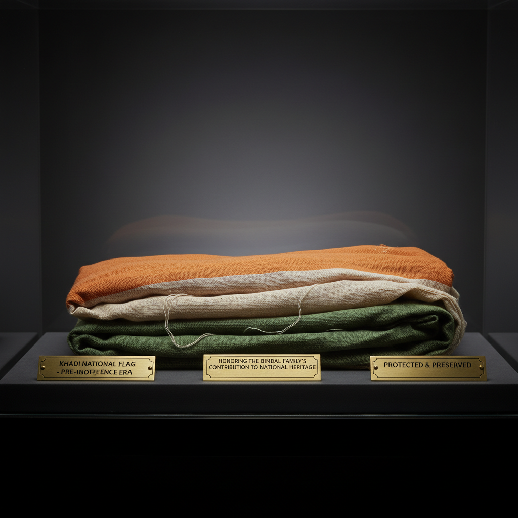 A preserved, folded khadi flag with muted saffron, white, and green hues (the colors slightly faded by time), elegantly arranged within a glass display case on a matte, charcoal-colored base. The flag is surrounded by discreet brass nameplates detailing its significance. Overhead diffused lighting casts subtle highlights, illuminating the flag’s gentle wrinkles and soft textures. The background recedes in a gradient of deep, understated tones, keeping the focus on the display. The mood is quietly proud and respectful, with a minimalist, photographic approach that conveys both historic reverence and the Bindal family's contribution to national heritage.