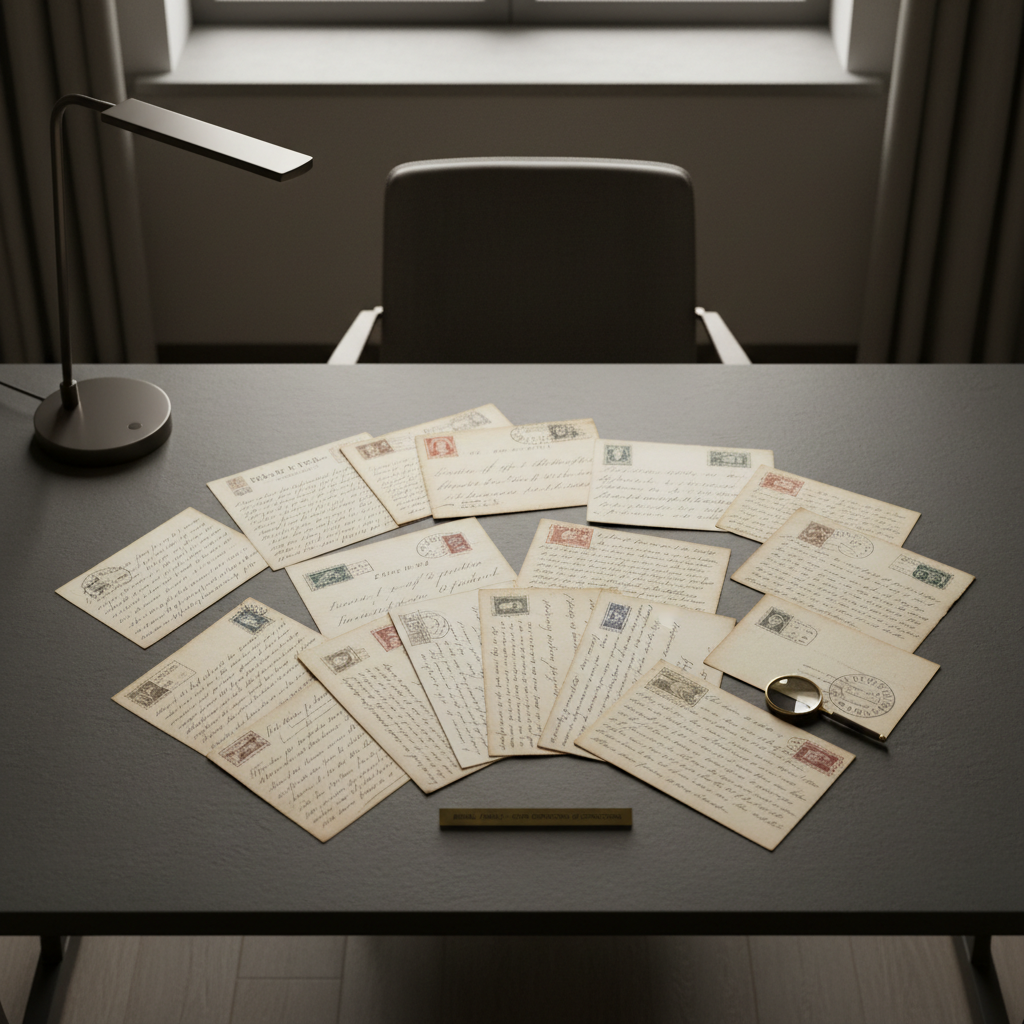 A refined arrangement of vintage postage stamps and handwritten letters, carefully fanned out on a monochrome slate-gray desk in an uncluttered office setting. The colors are restrained—soft sepias, faded inks, and muted cream envelopes—accentuated by the gentle ambient glow of indirect window light with subtle, elegant gradients. Shadows are soft and understated, lending depth and quiet dignity. The camera angle is overhead and centered, creating a balanced, minimal composition. Every detail, from textured paper to the delicate cursive, is sharply focused. The mood is contemplative and sophisticated, suitable for emphasizing the timeless connections across seven generations of the Bindal family.