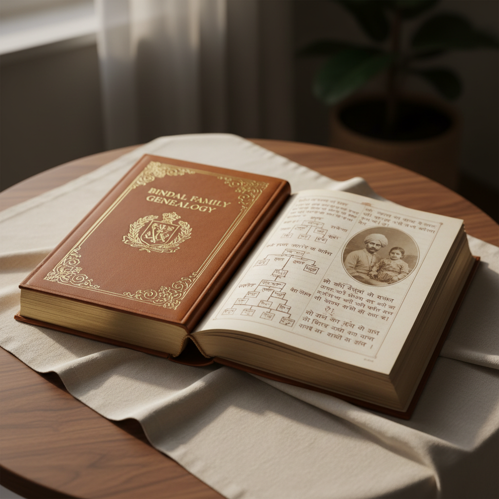 An heirloom leather-bound family genealogy book with gold embossed detailing and refined edges, open on a soft linen cloth atop a walnut wood table. The pages show delicate handwritten Hindi script and an old sepia photograph pressed between them. Subdued, diffused daylight filters in from an unseen window, giving the scene gentle highlights and subtle gradients across the textures. The mood is reverent and sophisticated, evoking timeless heritage. Photographed from a slightly elevated angle with minimalist composition and sharp focus on the book, background softly blurred, evoking photographic realism and an elegant aesthetic—ideal as a representation of the Bindal family's cherished history.