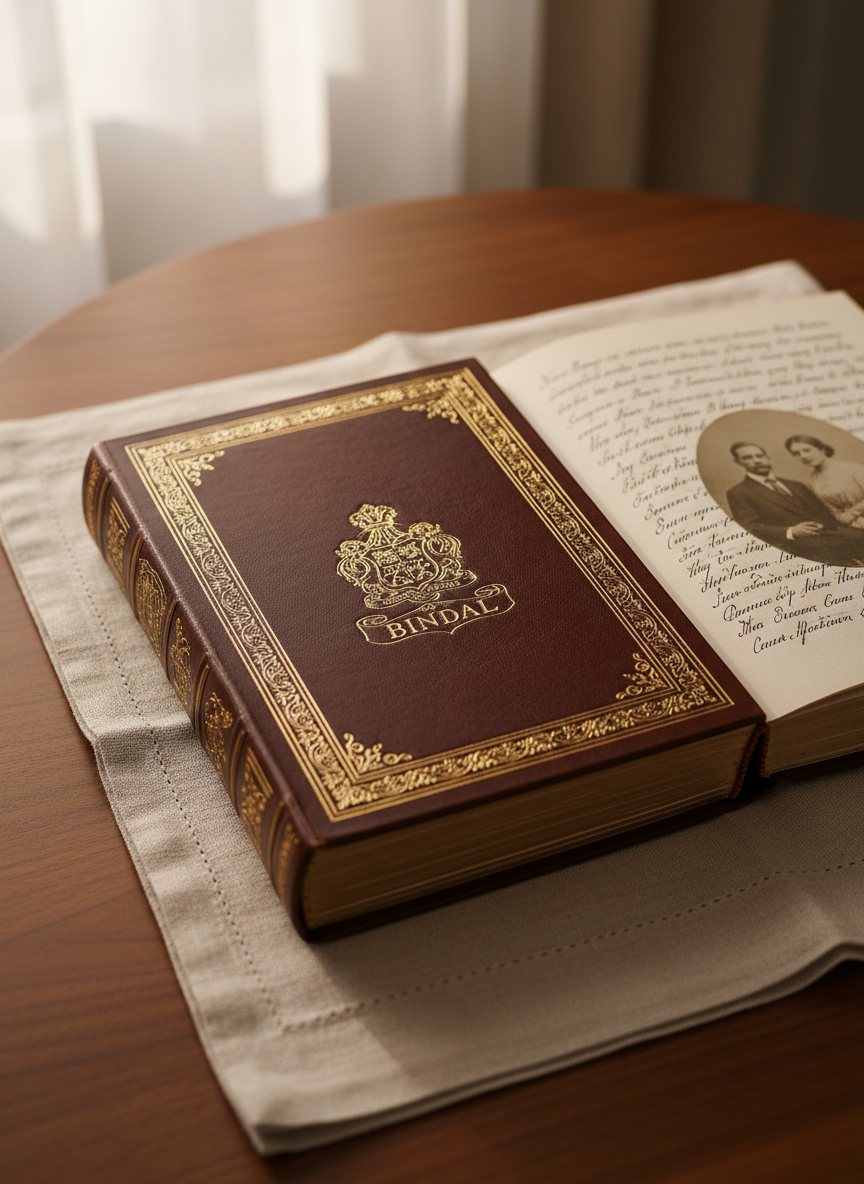 An heirloom leather-bound family genealogy book with gold embossed detailing and refined edges, open on a soft linen cloth atop a walnut wood table. The pages show delicate handwritten Hindi script and an old sepia photograph pressed between them. Subdued, diffused daylight filters in from an unseen window, giving the scene gentle highlights and subtle gradients across the textures. The mood is reverent and sophisticated, evoking timeless heritage. Photographed from a slightly elevated angle with minimalist composition and sharp focus on the book, background softly blurred, evoking photographic realism and an elegant aesthetic—ideal as a representation of the Bindal family's cherished history.