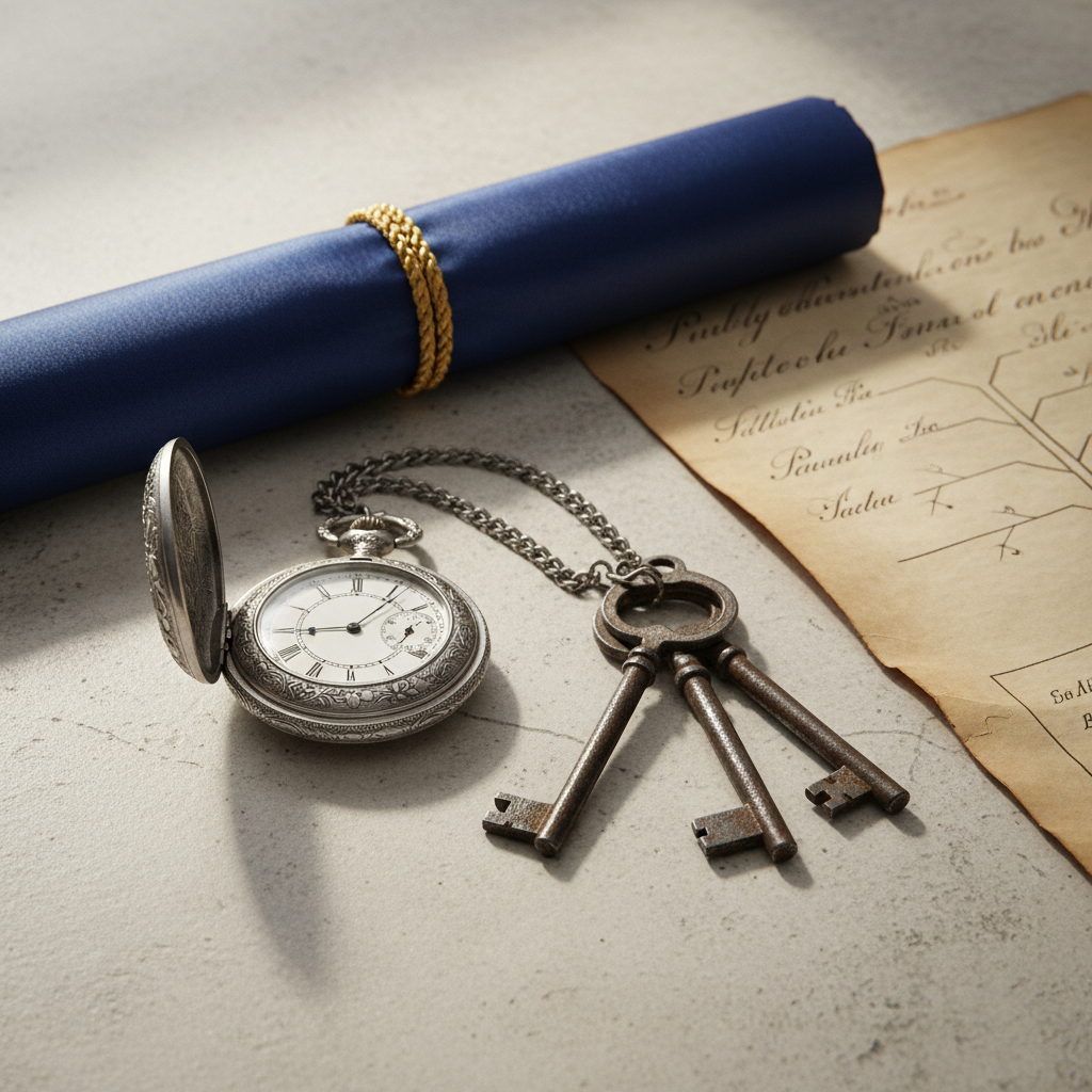 A sophisticated montage of archival Bindal family artifacts—an antique pocket watch with an engraved floral motif, a set of old iron keys, and a jewel-toned, silk-wrapped family tree scroll—tastefully arranged on a pale stone surface. The objects display varying textures: cool metal, smooth silk, and lightly aged parchment, all in a muted, harmonious palette. Gentle morning light from the side creates nuanced highlights and soft reflections, laying subtle, elongated shadows. The composition is thoughtfully spaced, shot from an elevated angle and with shallow depth of field, drawing the viewer's eye to each artifact’s refined detail and understated elegance. The overall feel is minimalist, dignified, and deeply rooted in heritage.